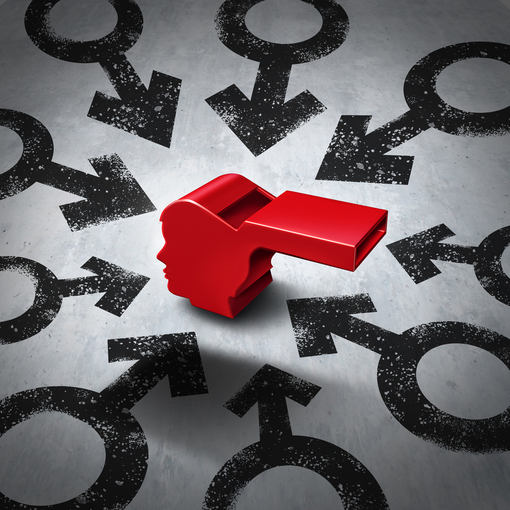 Reporting sexual assault and workplace harassment as a whistle blower or whistleblower with male symbols as a victim of peear sex abuse with 3D illustration elements.